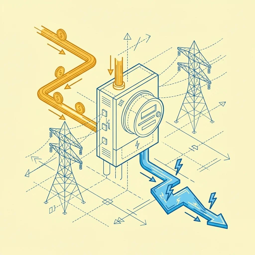 Schéma isométrique du rachat d'électricité photovoltaïque avec compteur Linky et flux de revenus