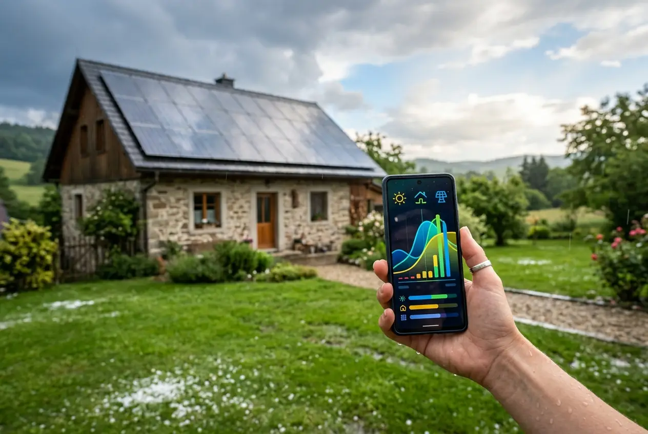 Inspection de panneaux solaires après un orage avec contrôle de la production sur smartphone