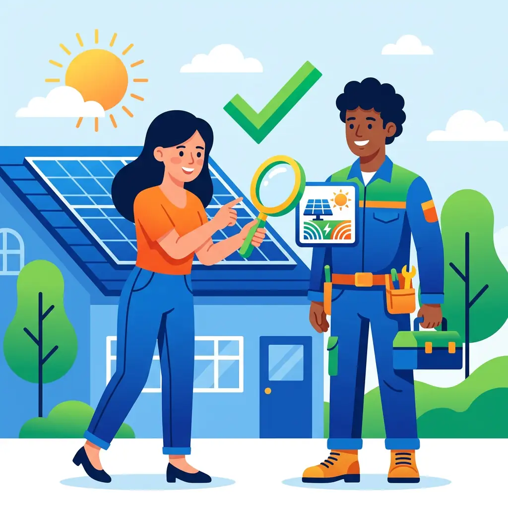 Illustration d'une personne vérifiant la certification RGE d'un installateur de panneaux solaires