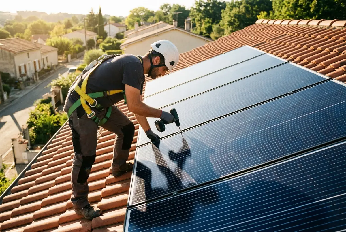 Artisan RGE installant des capteurs solaires thermiques sur une toiture