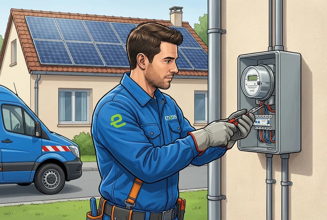 Technicien Enedis intervenant sur un compteur pour le raccordement solaire