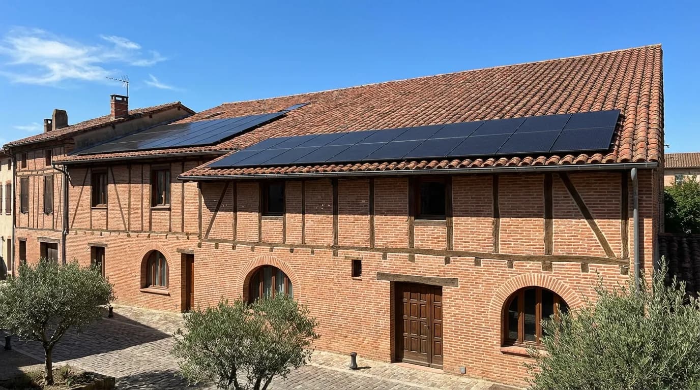 Maison traditionnelle en briques rouges équipée de panneaux solaires à Albi