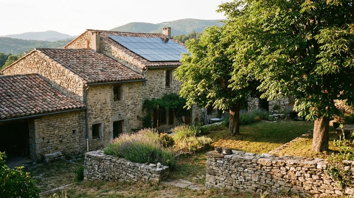 Maison en pierre des Cévennes équipée de panneaux solaires à Alès