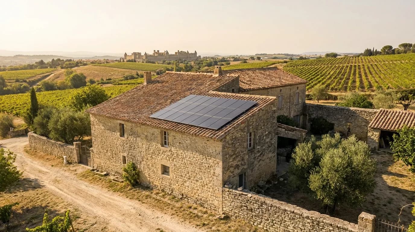 Maison typique de l'Aude équipée de panneaux solaires à Carcassonne