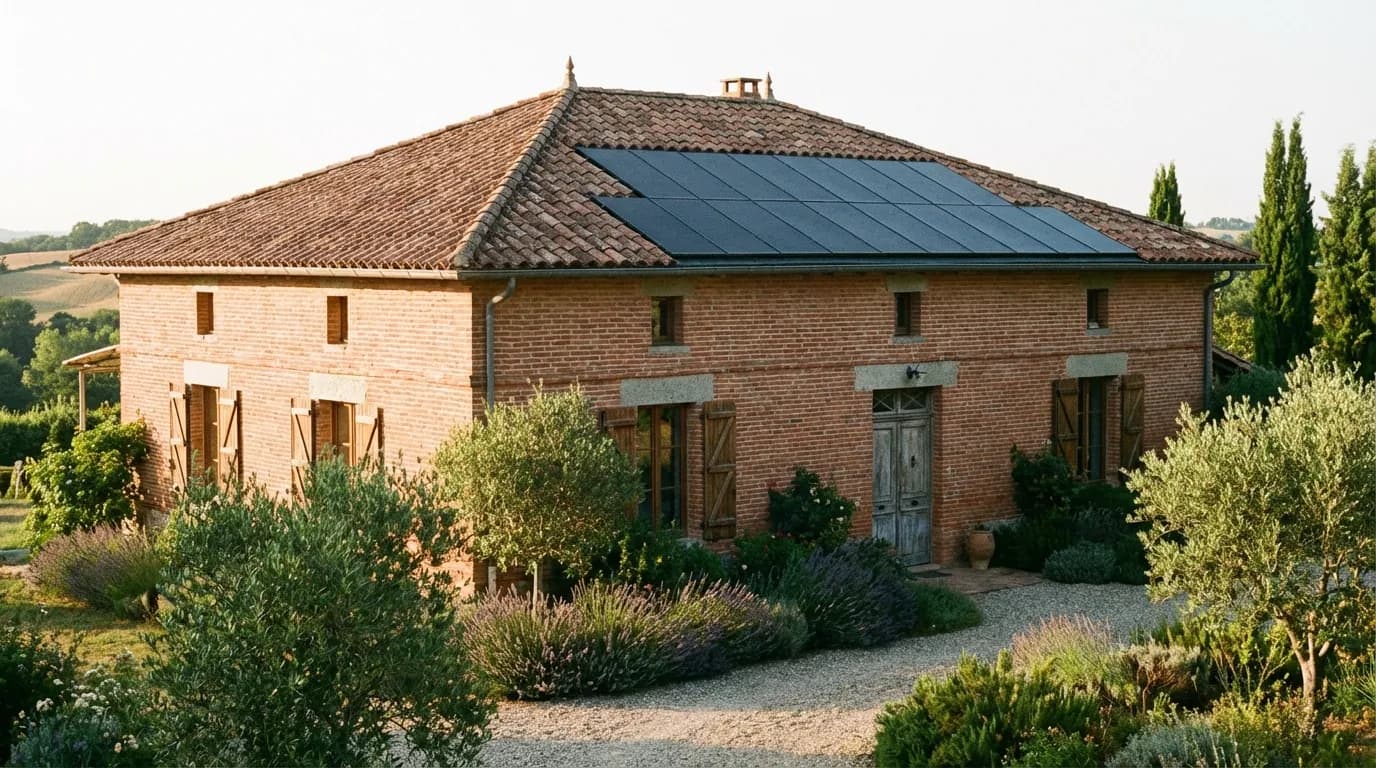 Maison en brique typique équipée de panneaux solaires à Montauban
