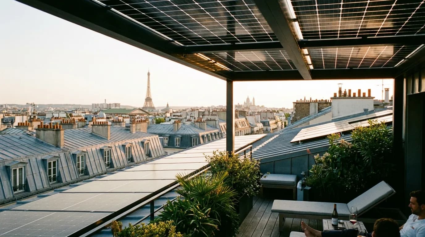 Maison avec terrasse moderne équipée de panneaux solaires à Paris