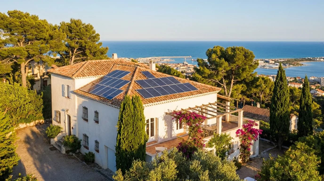 Maison blanche typique du Mont Saint-Clair avec panneaux solaires à Sète