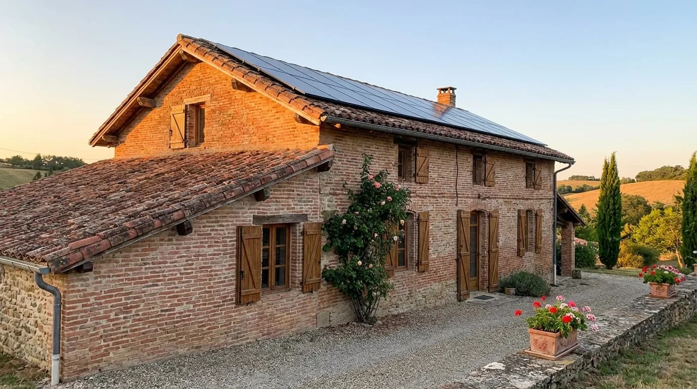 Maison toulousaine en briques roses équipée de panneaux solaires