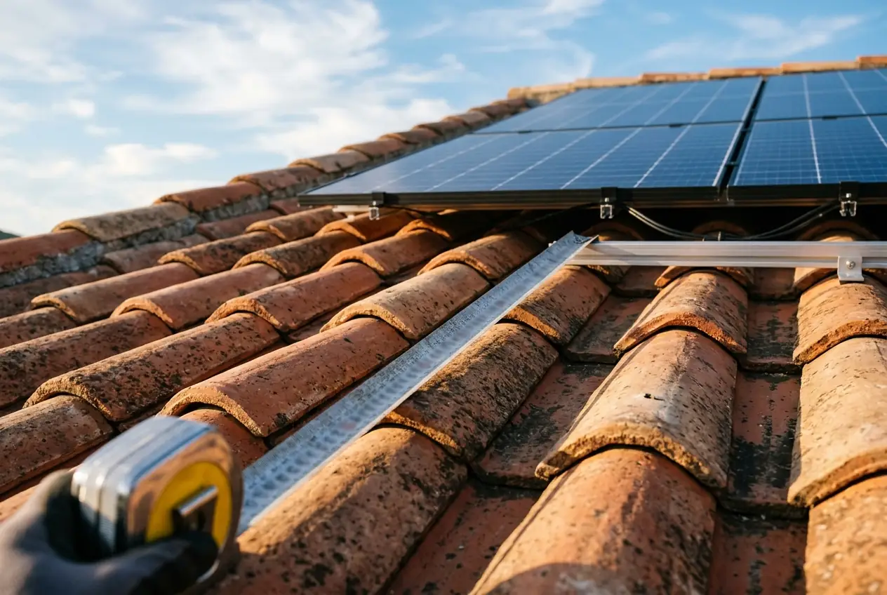 Mètre ruban déroulé sur un pan de toiture pour mesurer la surface disponible avant l'installation de panneaux solaires