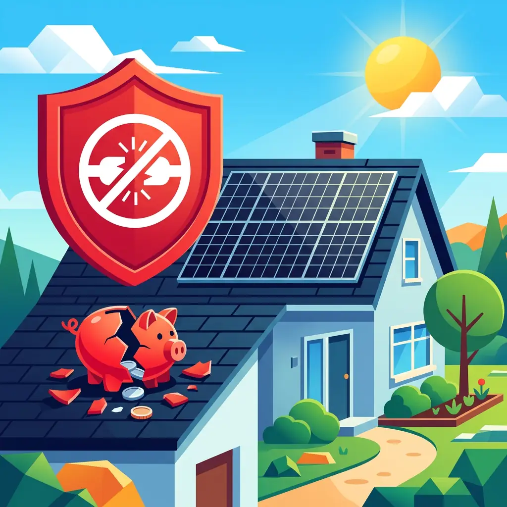 Illustration d'alerte sur l'arnaque des panneaux solaires à 1 euro avec un bouclier de protection