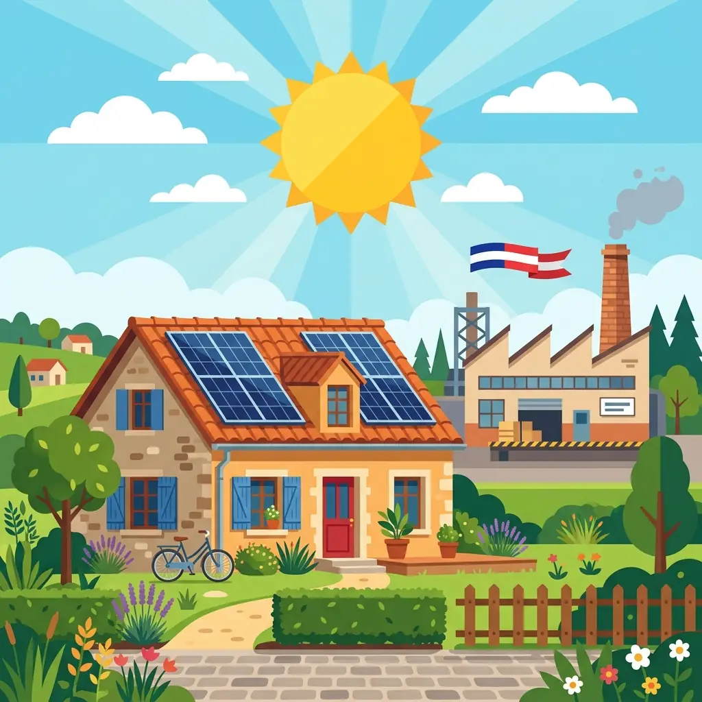 Illustration flat design de panneaux solaires made in France avec une usine et un ruban tricolore stylisés