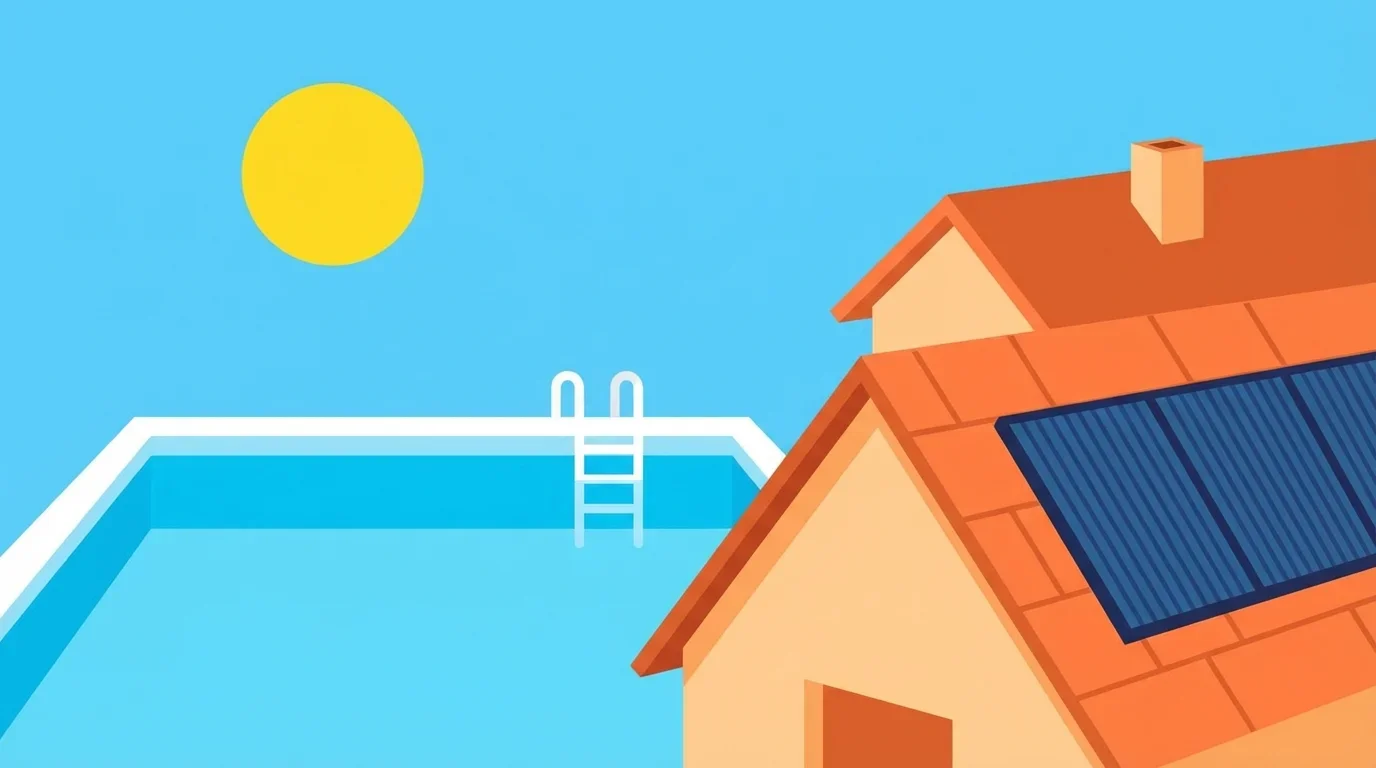 Piscine avec panneaux solaires en arrière-plan sur le toit d'une maison