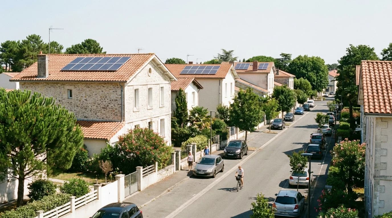 Quartier résidentiel de Nouvelle-Aquitaine avec maisons équipées de panneaux solaires