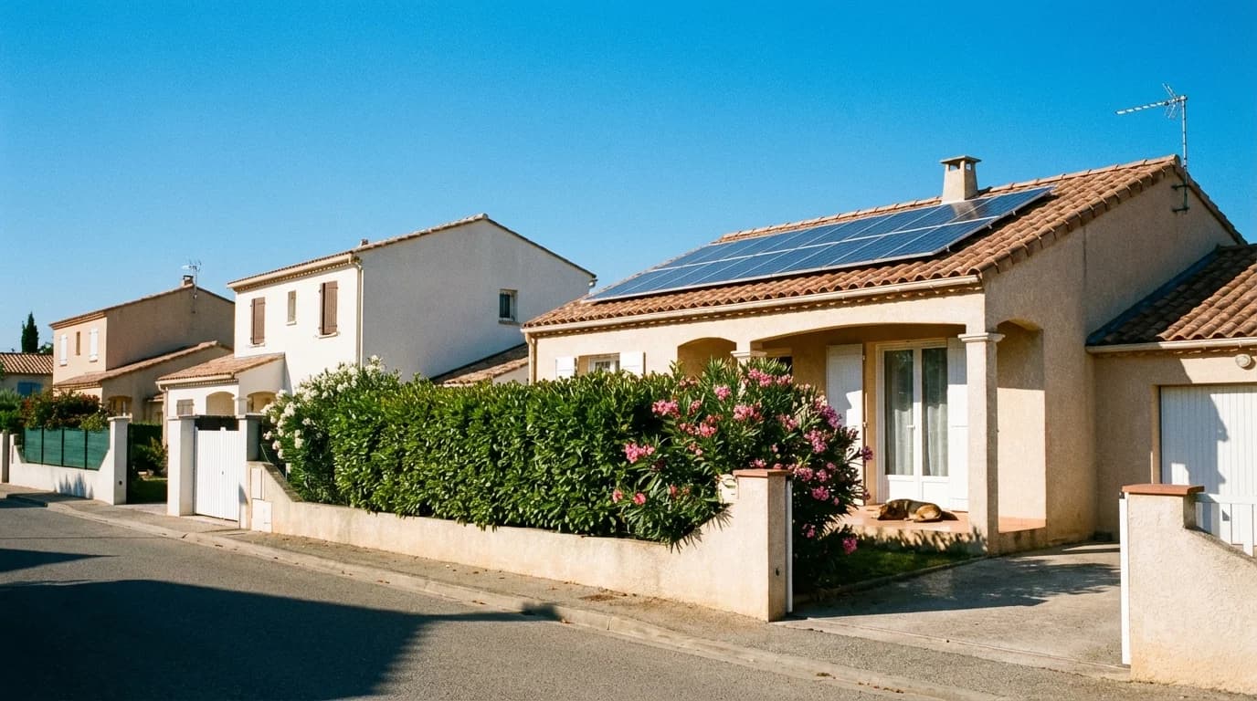 Quartier résidentiel provençal avec maisons équipées de panneaux solaires