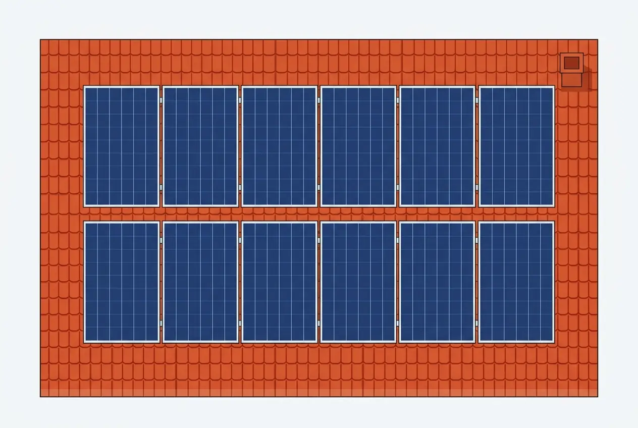 Schéma d'un plan de calepinage de douze panneaux solaires disposés en deux rangées sur un toit