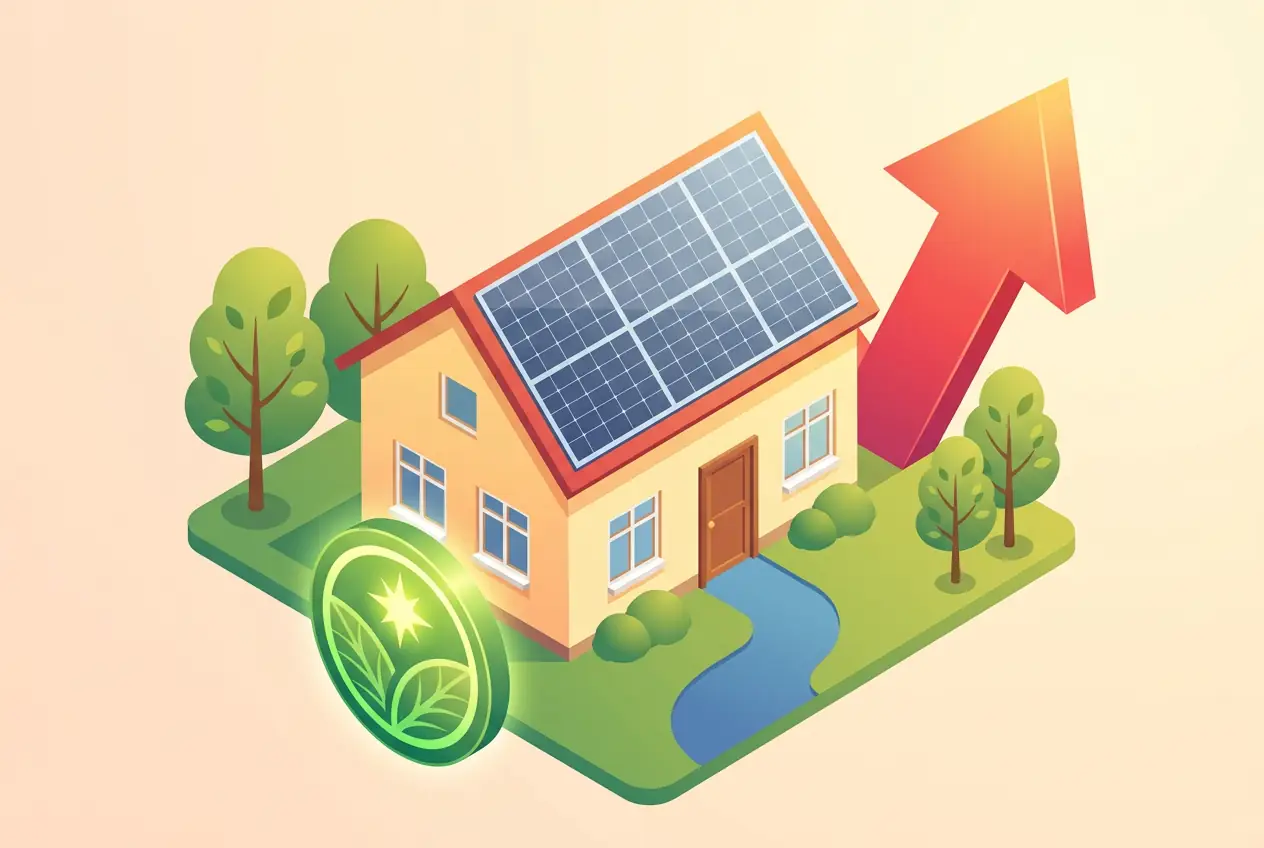 Illustration d'une maison avec panneaux solaires et un graphique montrant la hausse de valeur immobilière