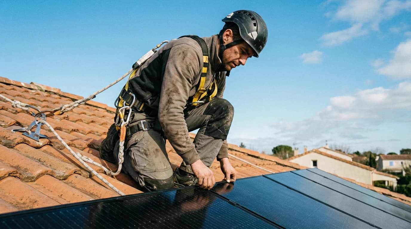 Technicien installant des panneaux solaires en Occitanie