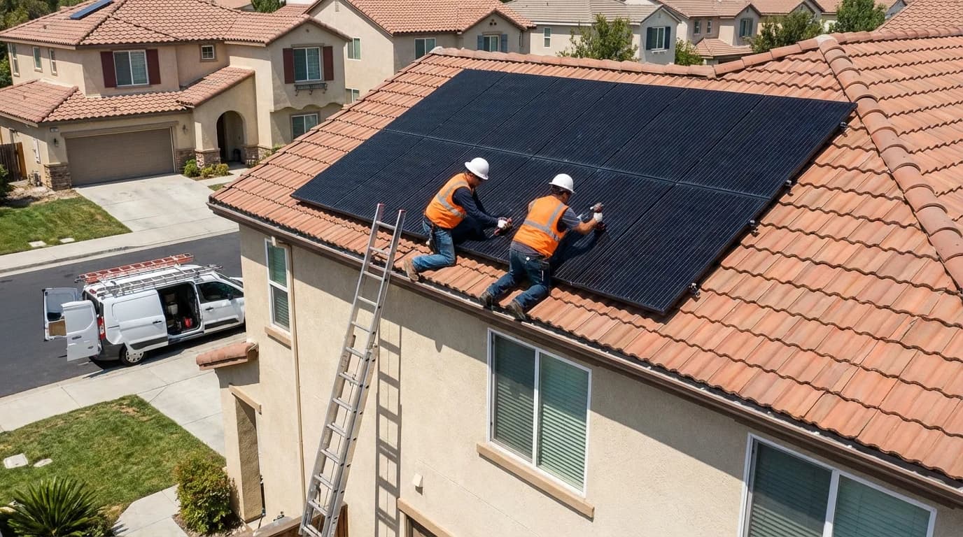 Technicien installant des panneaux solaires sur une maison provençale