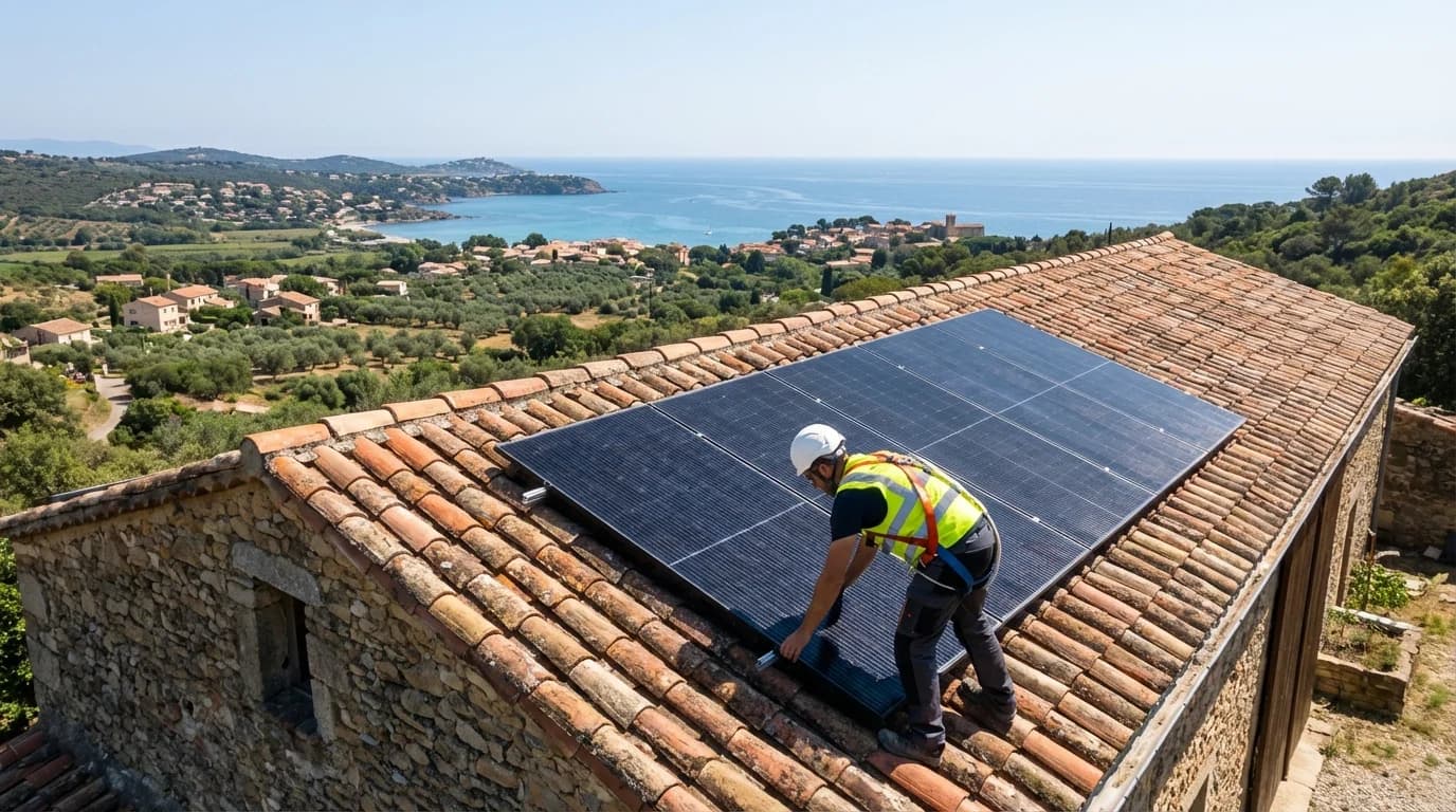 Technicien installant des panneaux solaires sur un toit à Agde