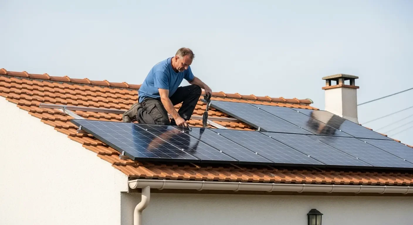 Technicien installant des panneaux solaires sur un toit à Aix-en-Provence