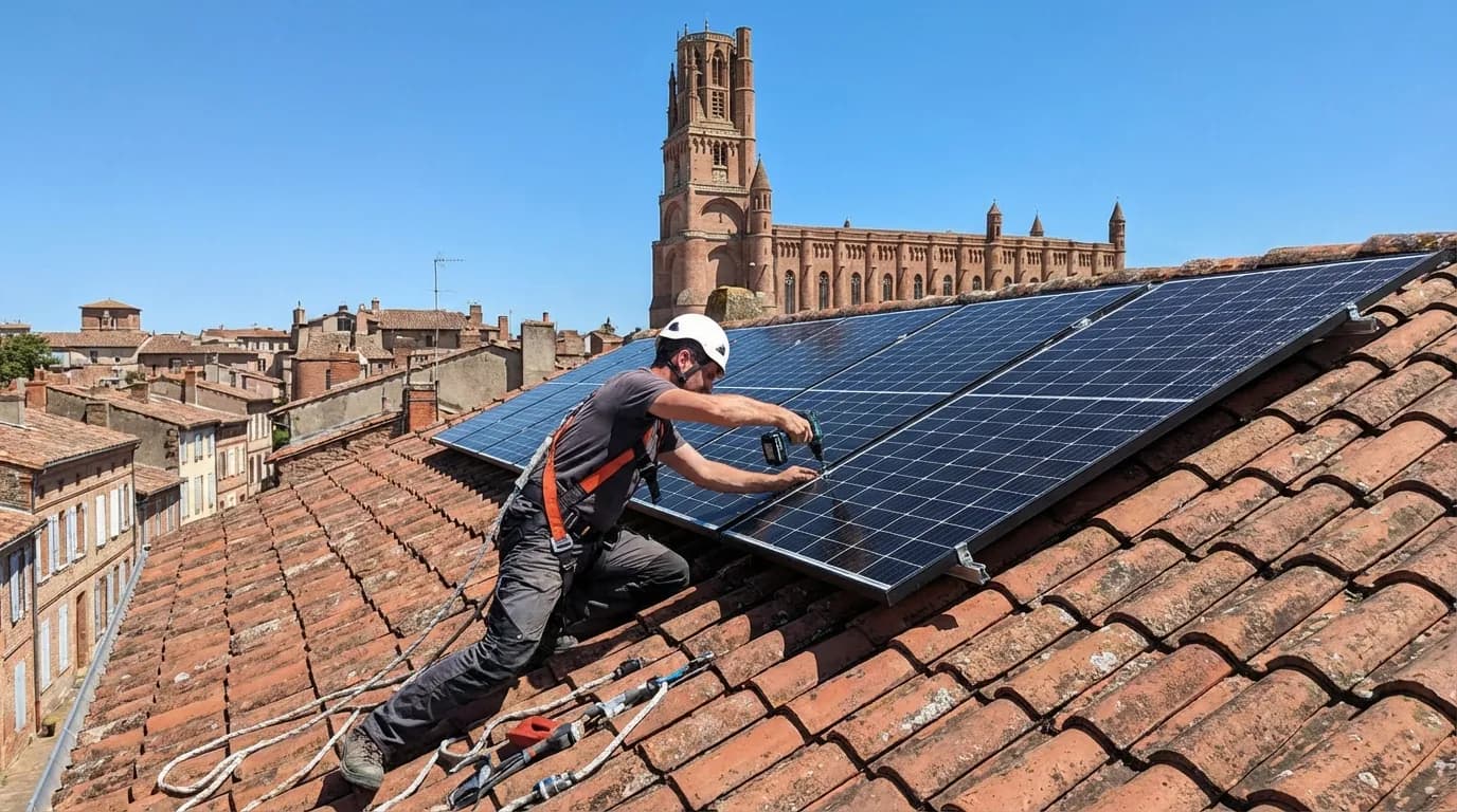 Technicien installant des panneaux solaires sur un toit en tuiles canal à Albi
