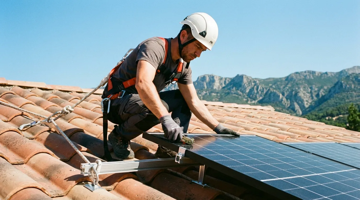 Technicien installant des panneaux solaires sur un toit en tuiles canal à Alès