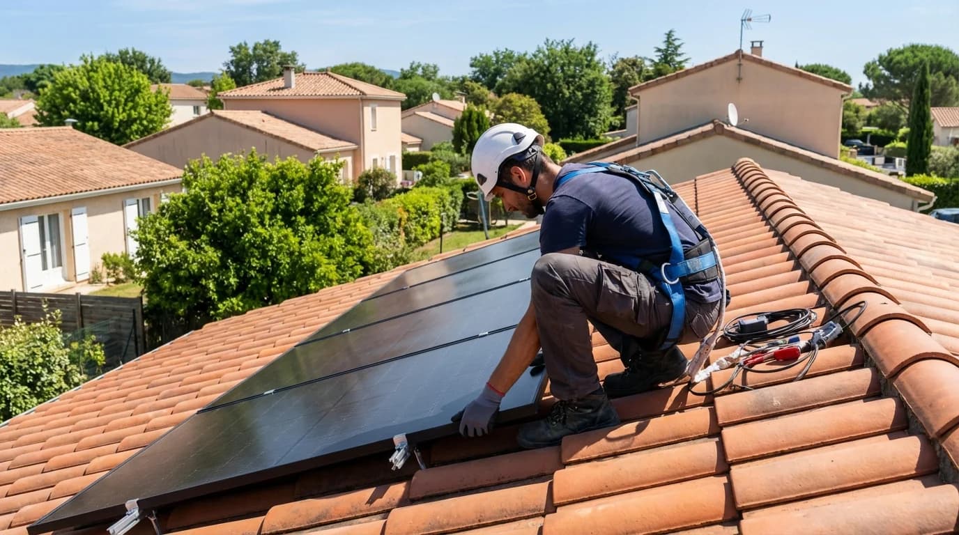 Technicien installant des panneaux solaires sur un toit à Angoulême