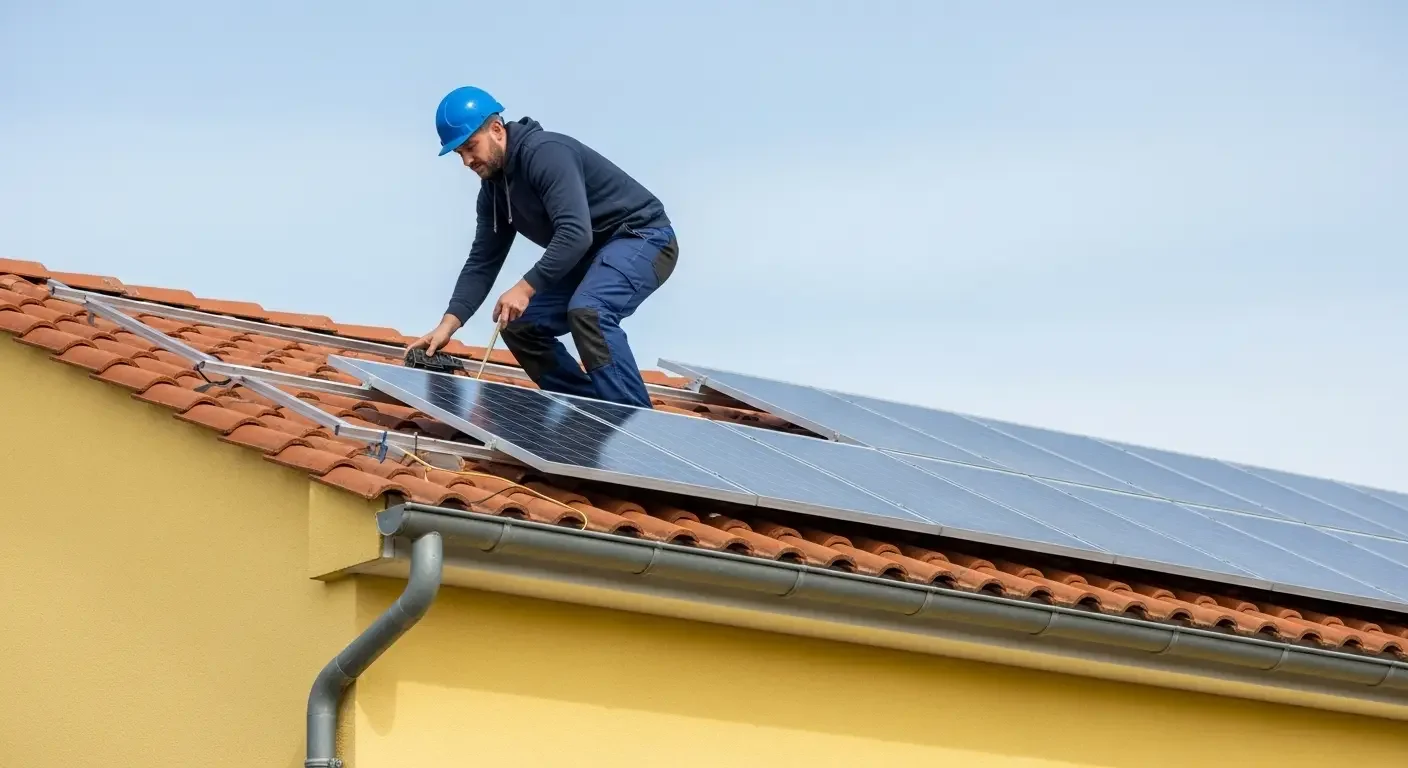Technicien installant des panneaux solaires sur un toit de tuiles à Antibes