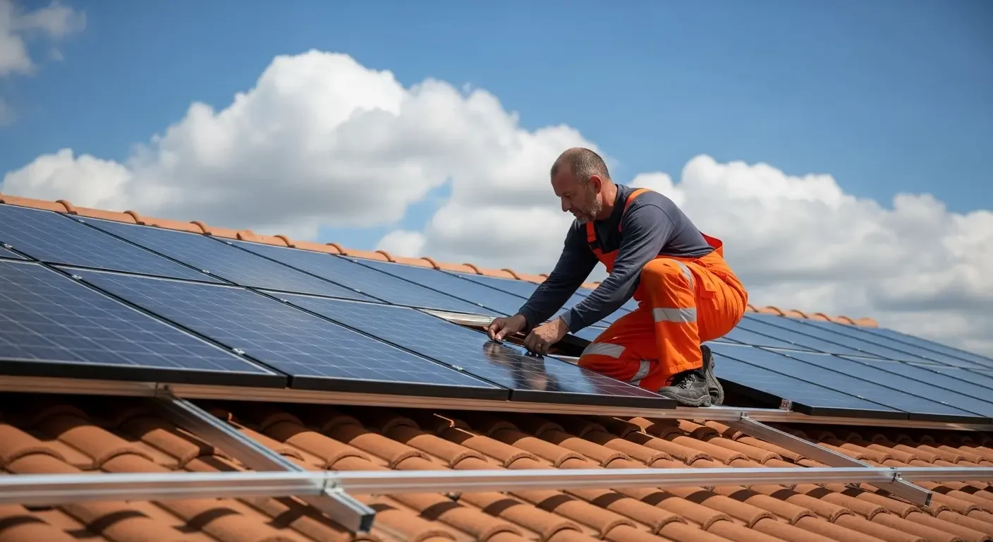 Technicien installant des panneaux solaires sur un toit à Arles