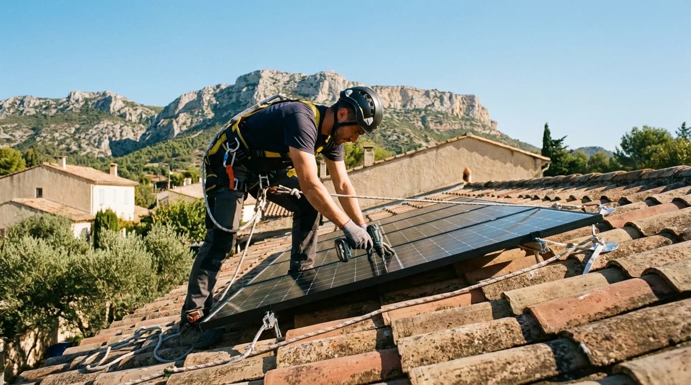 Technicien installant des panneaux solaires sur un toit à Aubagne