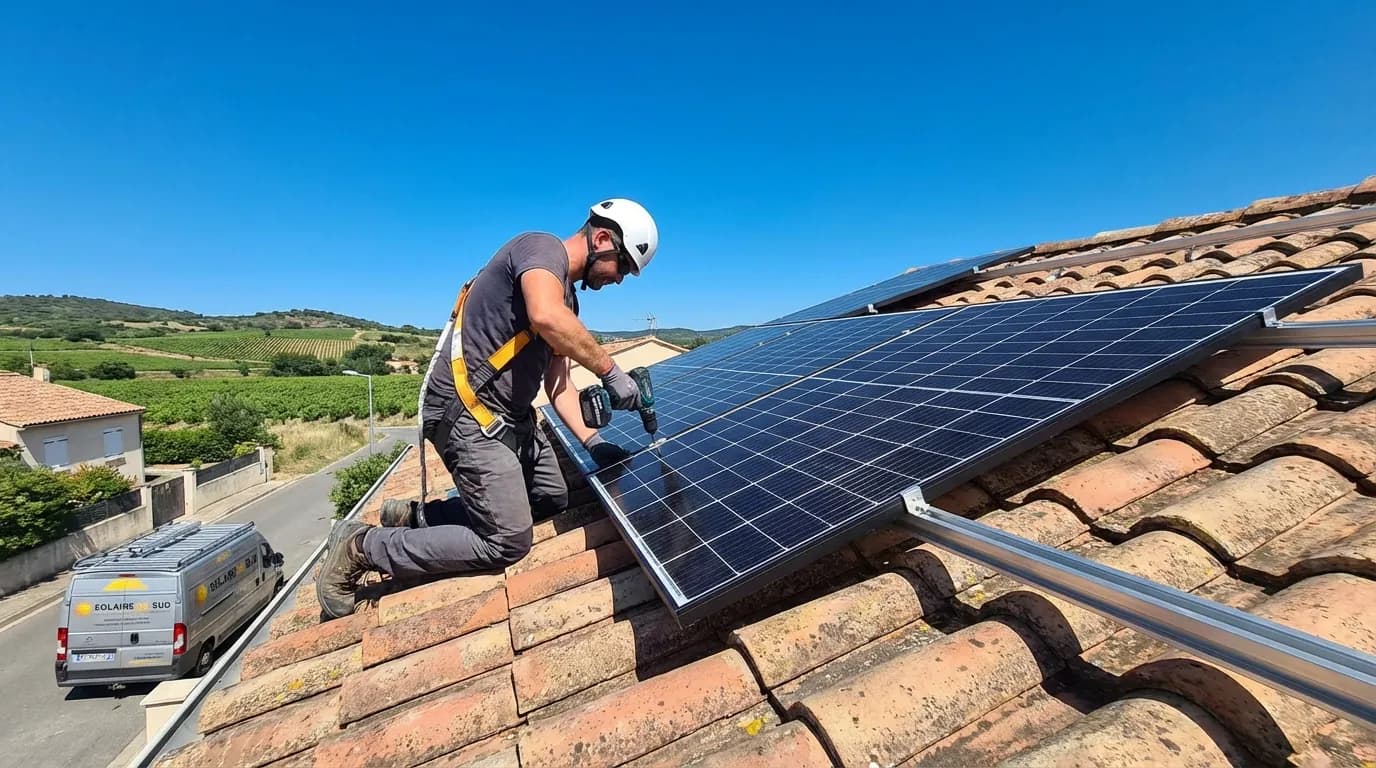 Technicien installant des panneaux solaires sur un toit à Béziers