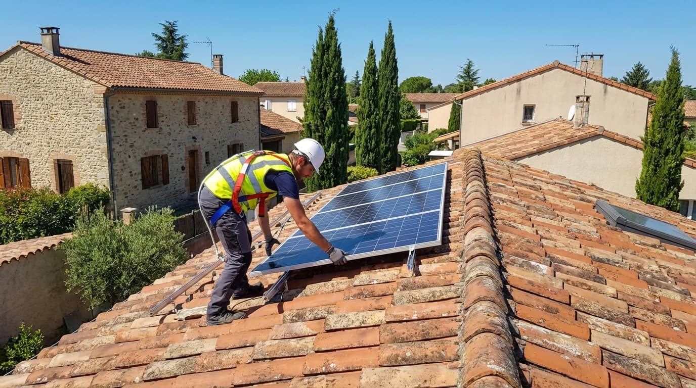 Technicien installant des panneaux solaires sur un toit à Blagnac
