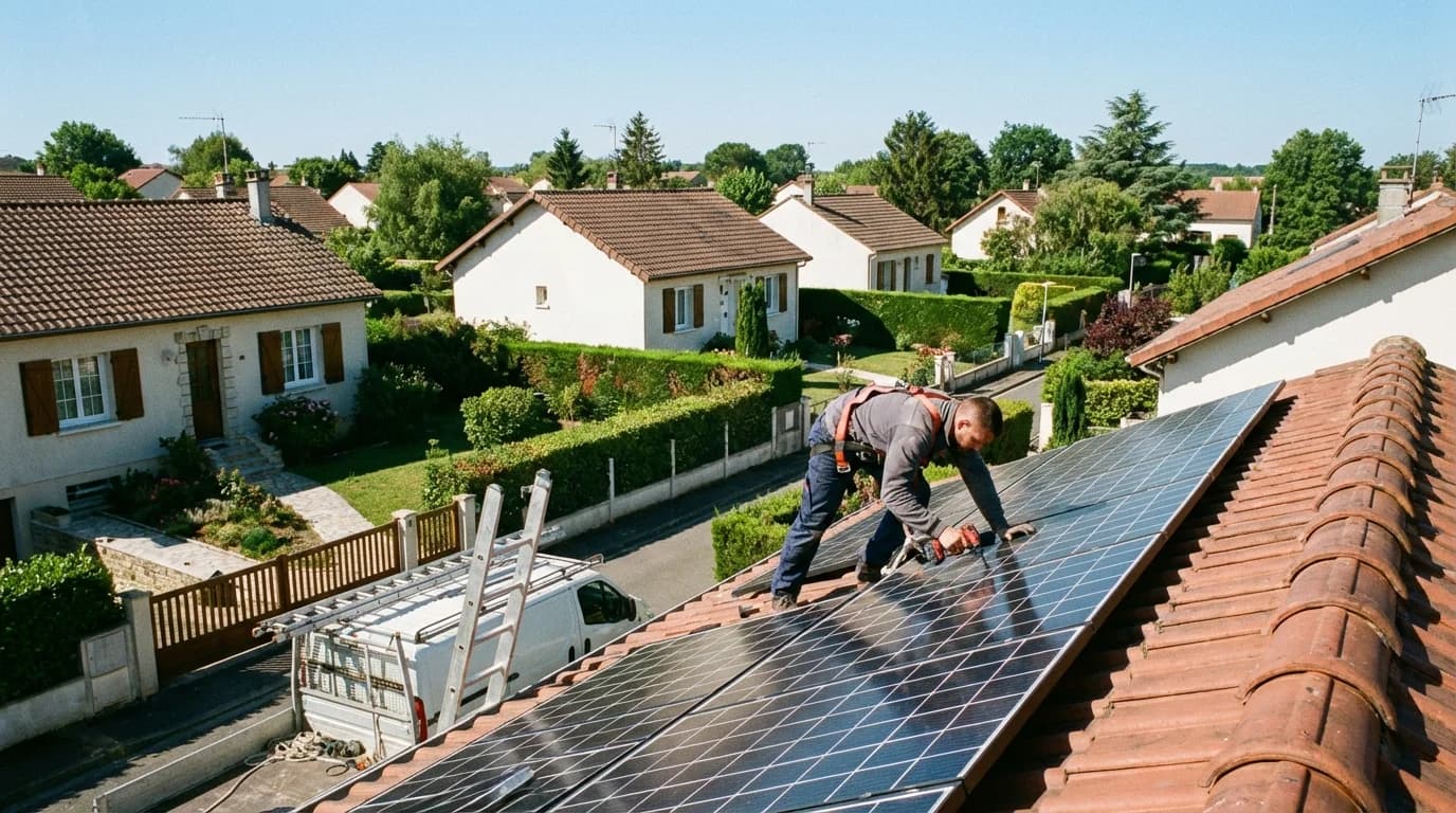 Technicien installant des panneaux solaires sur un toit à Bordeaux