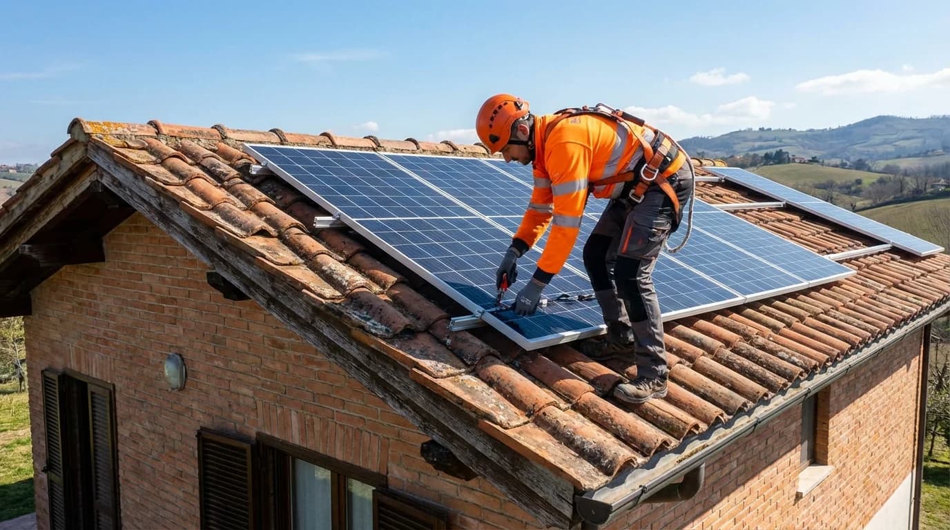 Technicien installant des panneaux solaires sur un toit à Brive-la-Gaillarde
