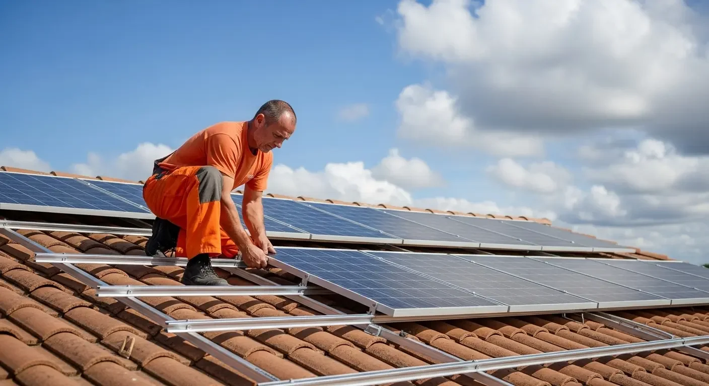 Technicien installant des panneaux solaires sur un toit à Cagnes-sur-Mer