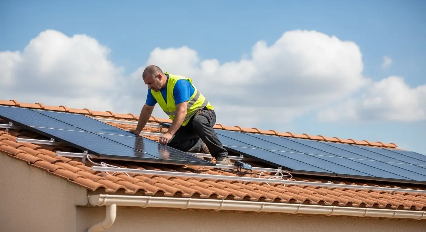 Technicien installant des panneaux solaires sur un toit à Cannes