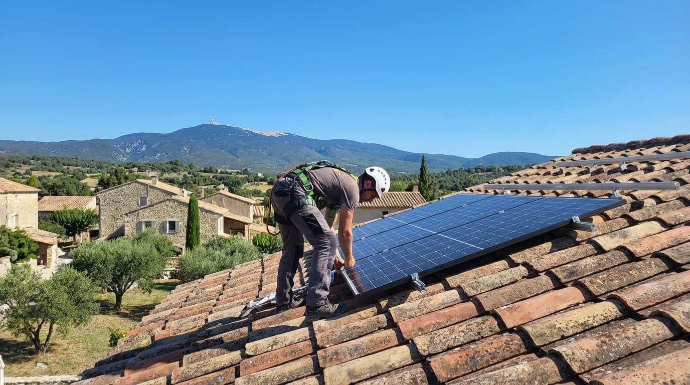 Technicien installant des panneaux solaires sur un toit à Carpentras
