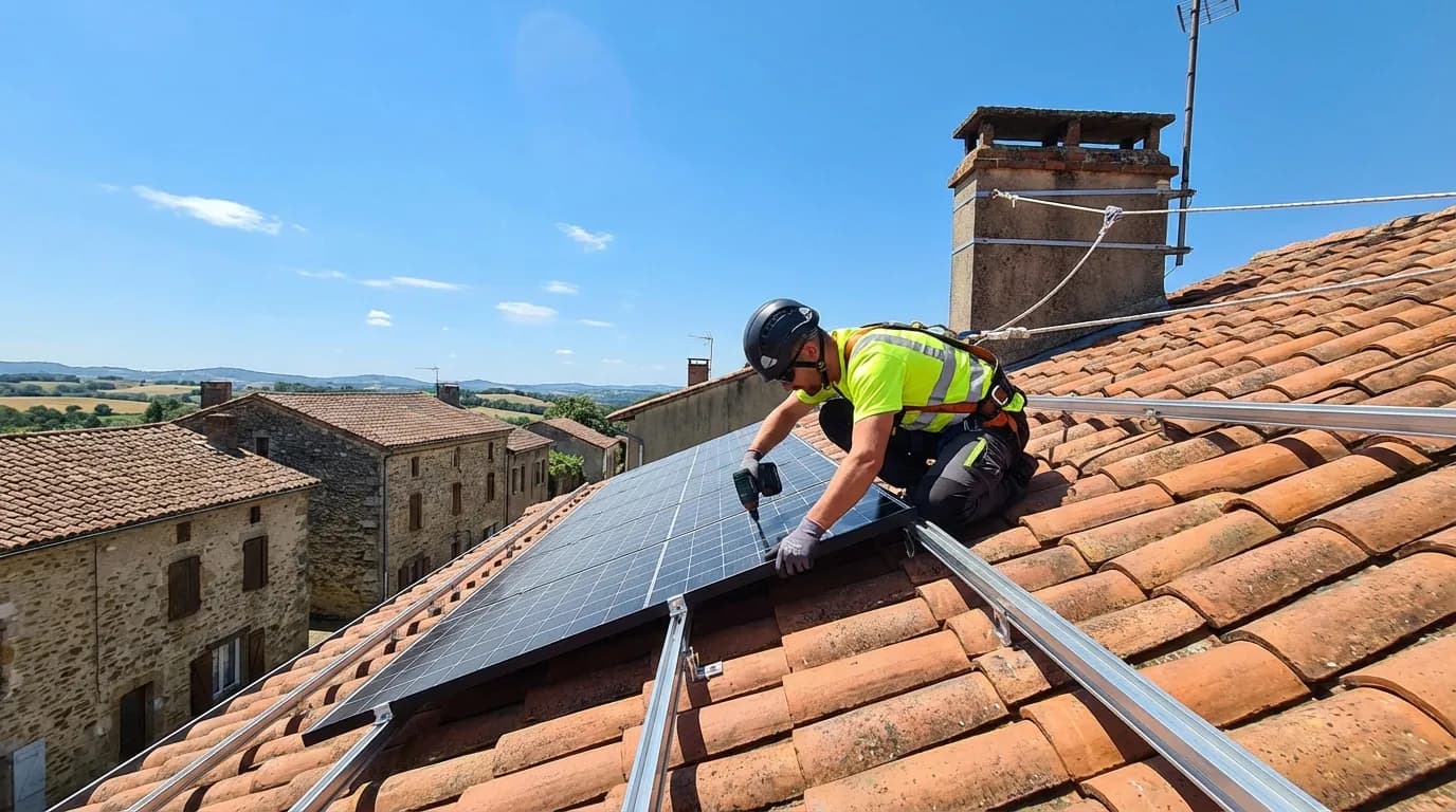 Technicien installant des panneaux solaires sur un toit à Castres