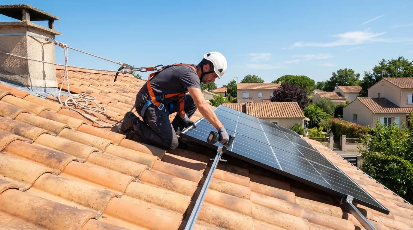 Technicien installant des panneaux solaires sur un toit à Colomiers