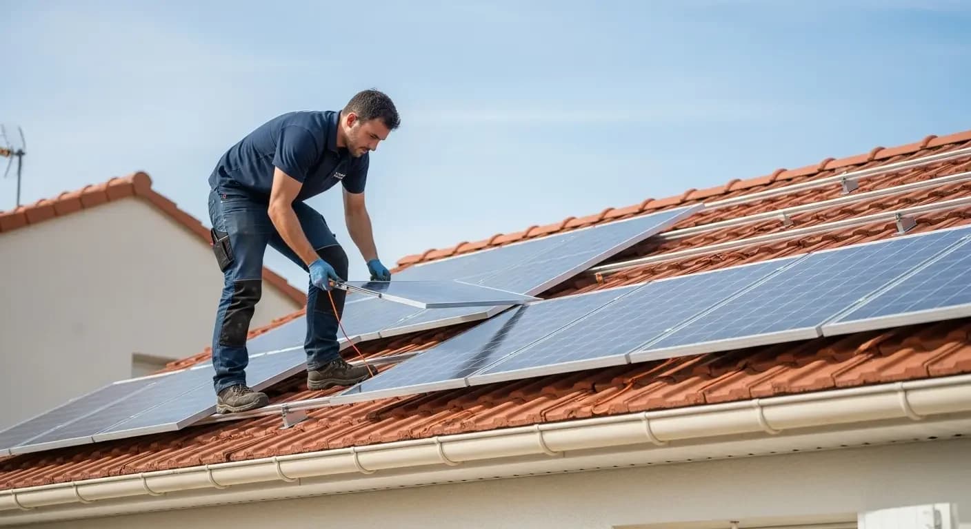 Technicien installant des panneaux solaires sur un toit à Draguignan