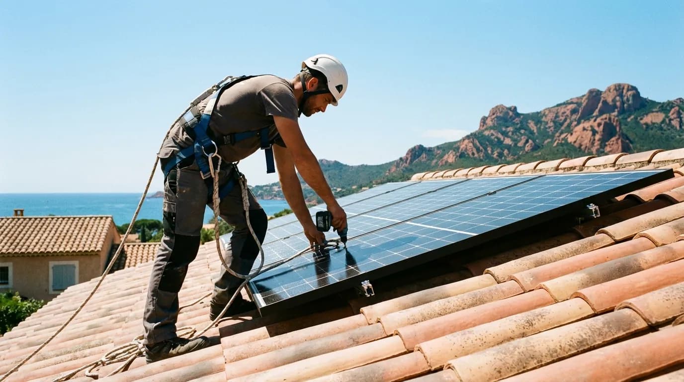 Technicien installant des panneaux solaires sur un toit à Fréjus