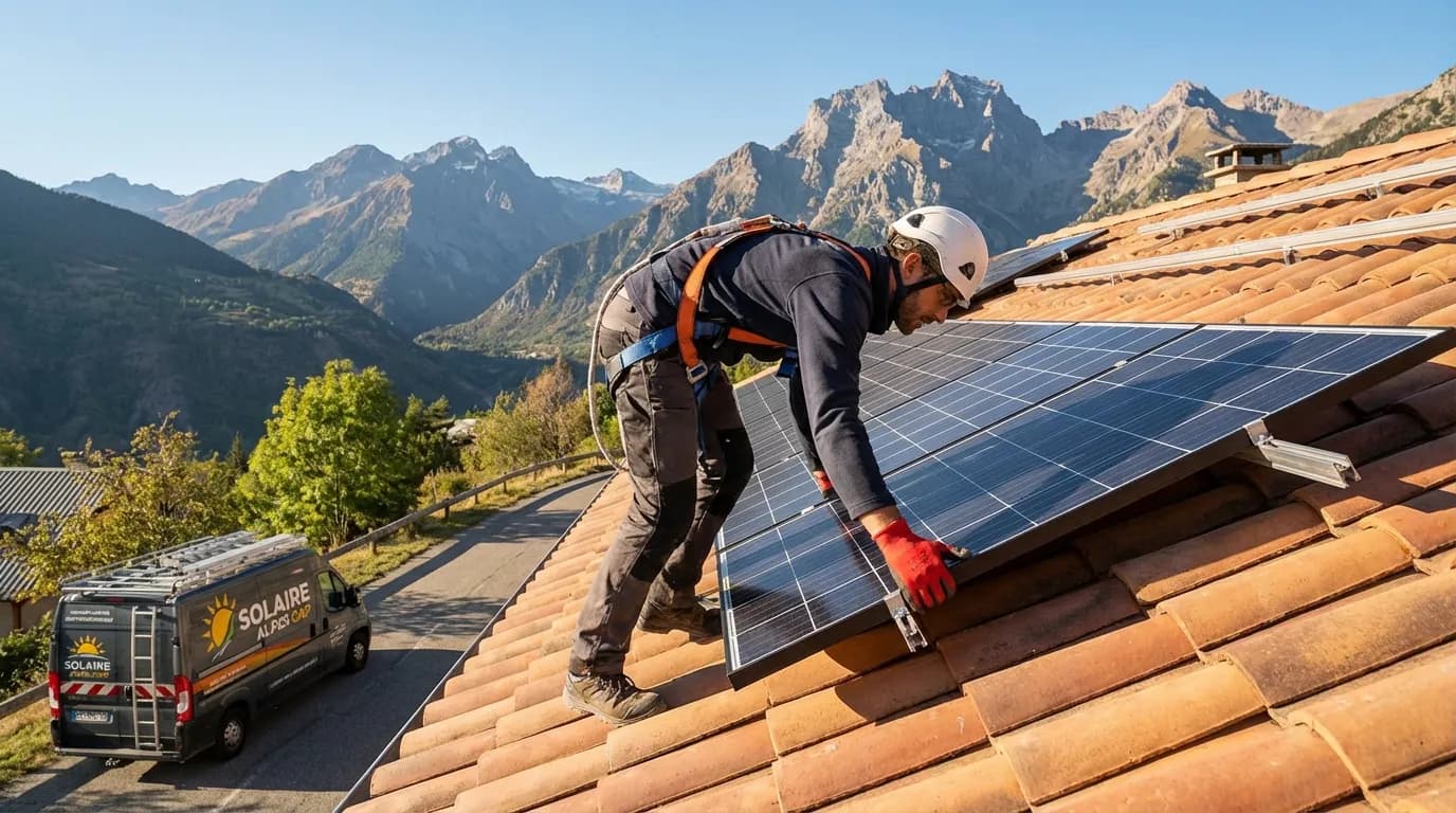 Technicien installant des panneaux solaires sur un toit à Gap