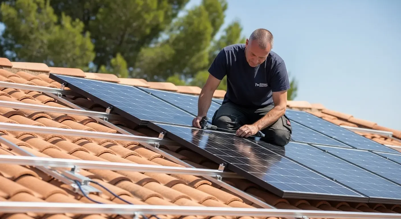 Technicien installant des panneaux solaires sur un toit à Grasse