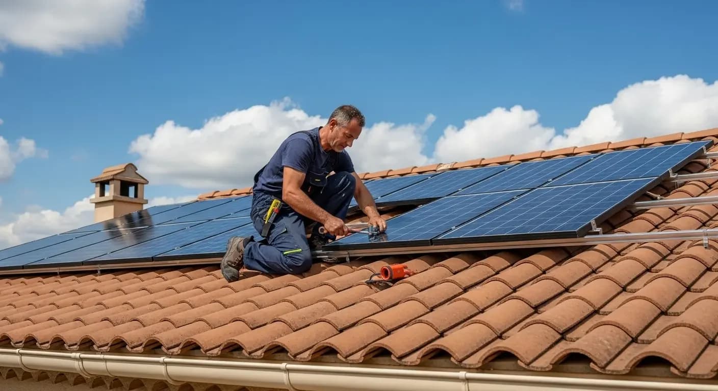 Technicien installant des panneaux solaires sur un toit à Hyères