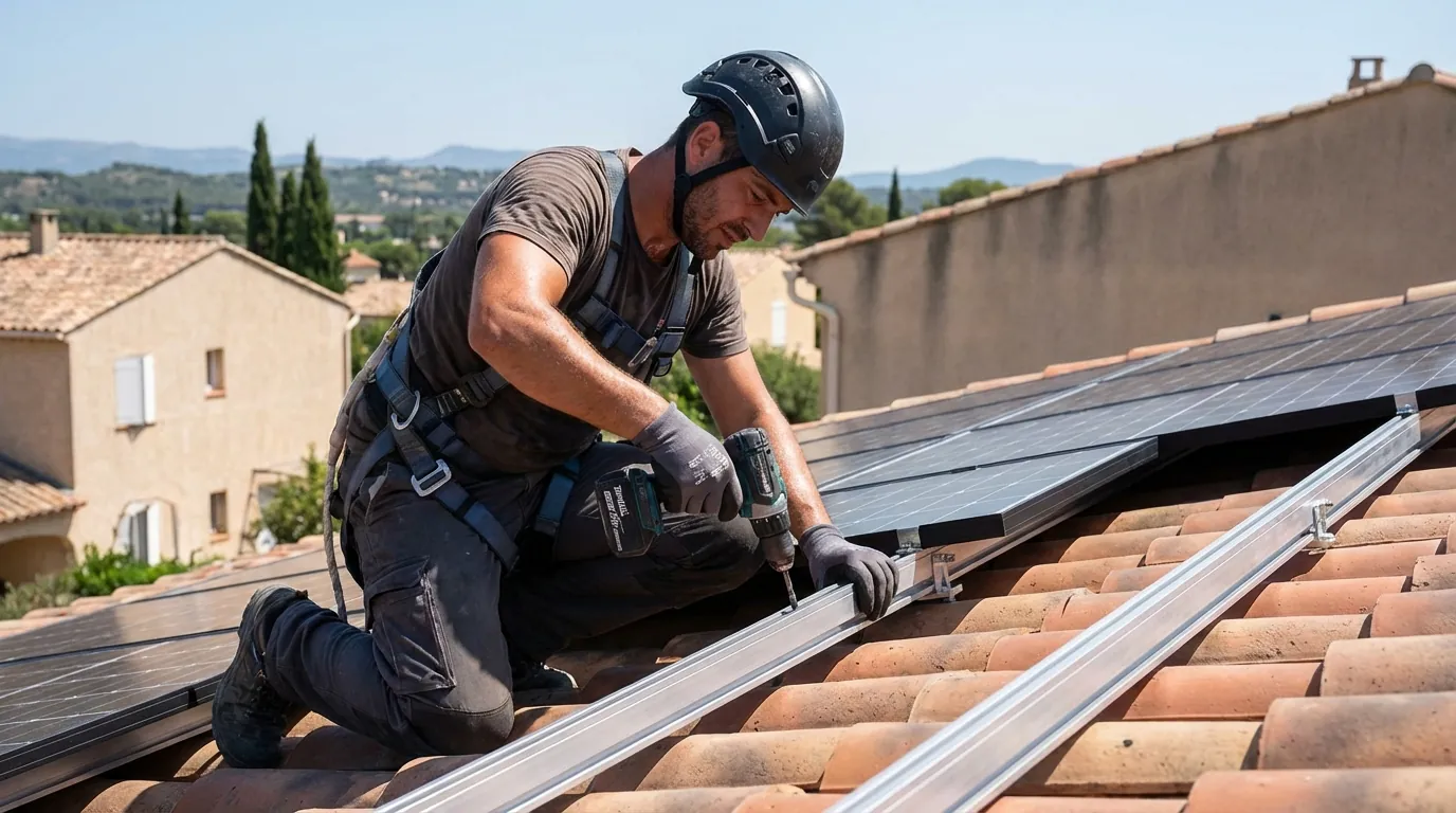 Technicien installant des panneaux solaires sur un toit à Istres