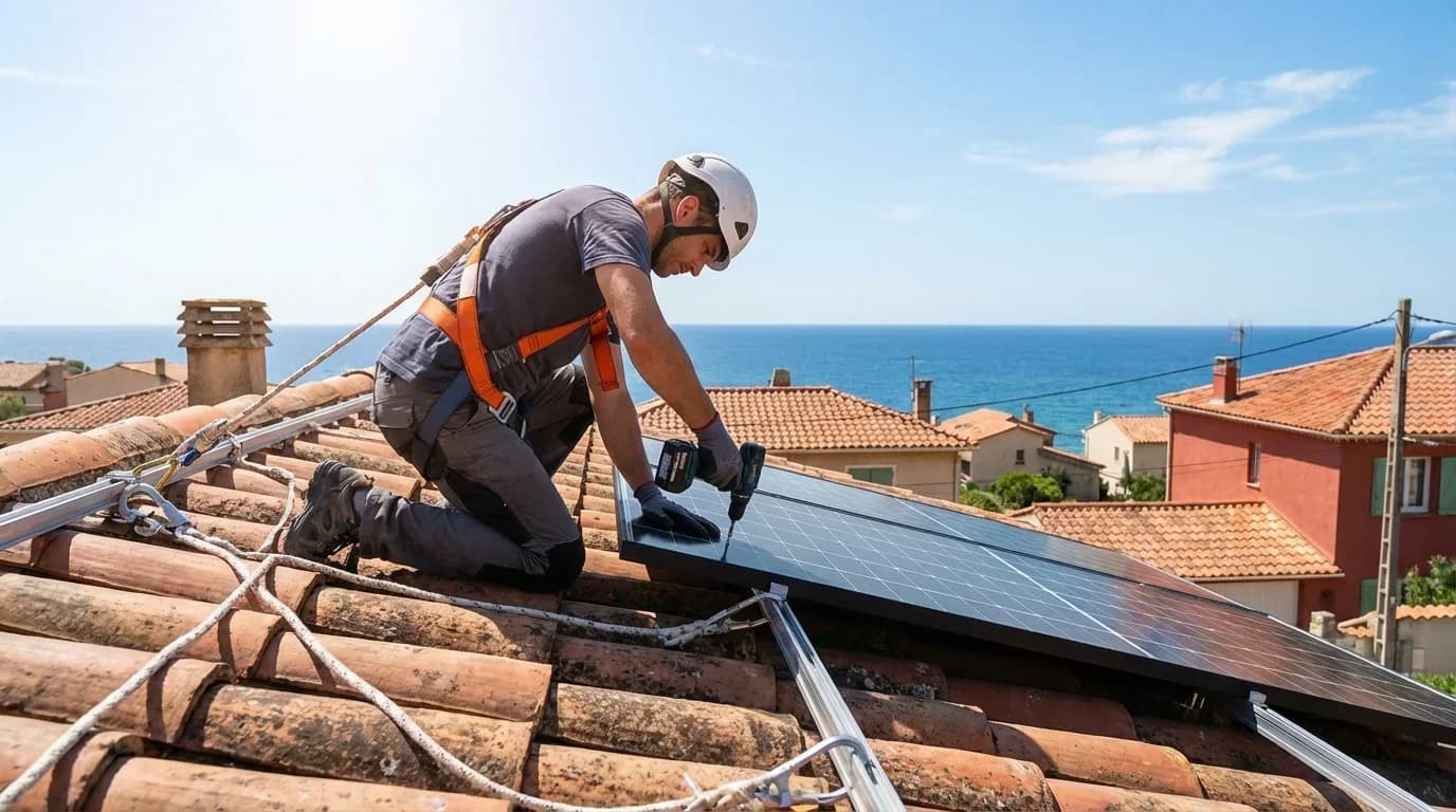 Technicien installant des panneaux solaires sur un toit à La Ciotat