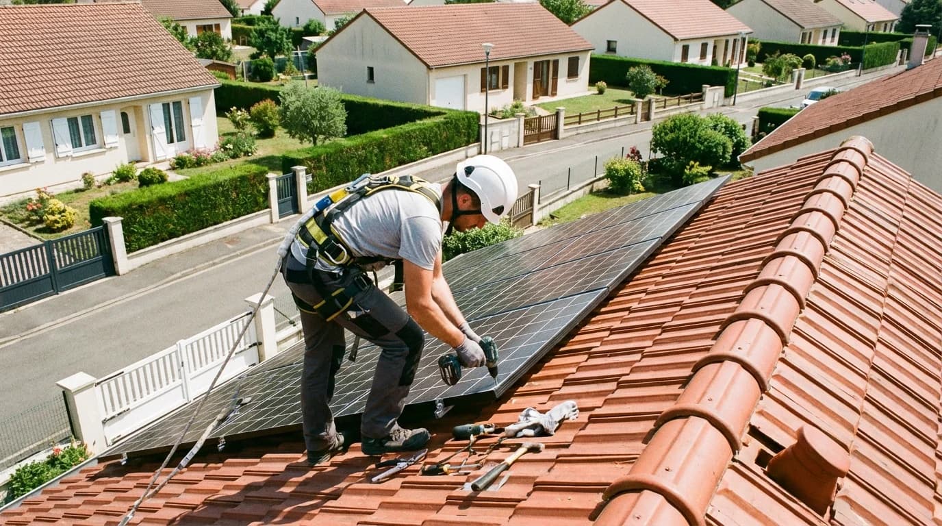 Technicien installant des panneaux solaires sur un toit à La Rochelle