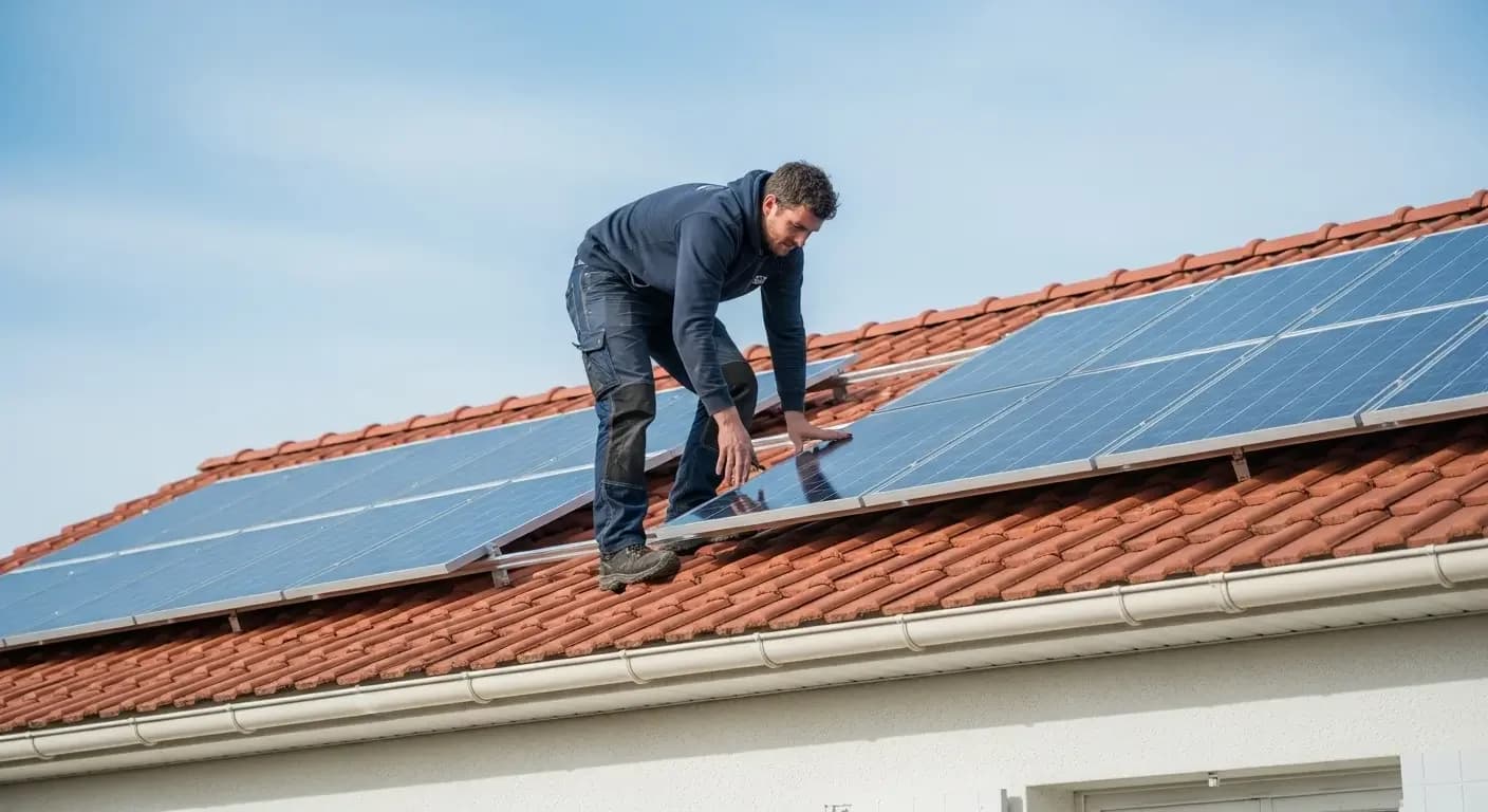 Technicien installant des panneaux solaires sur un toit à La Seyne-sur-Mer