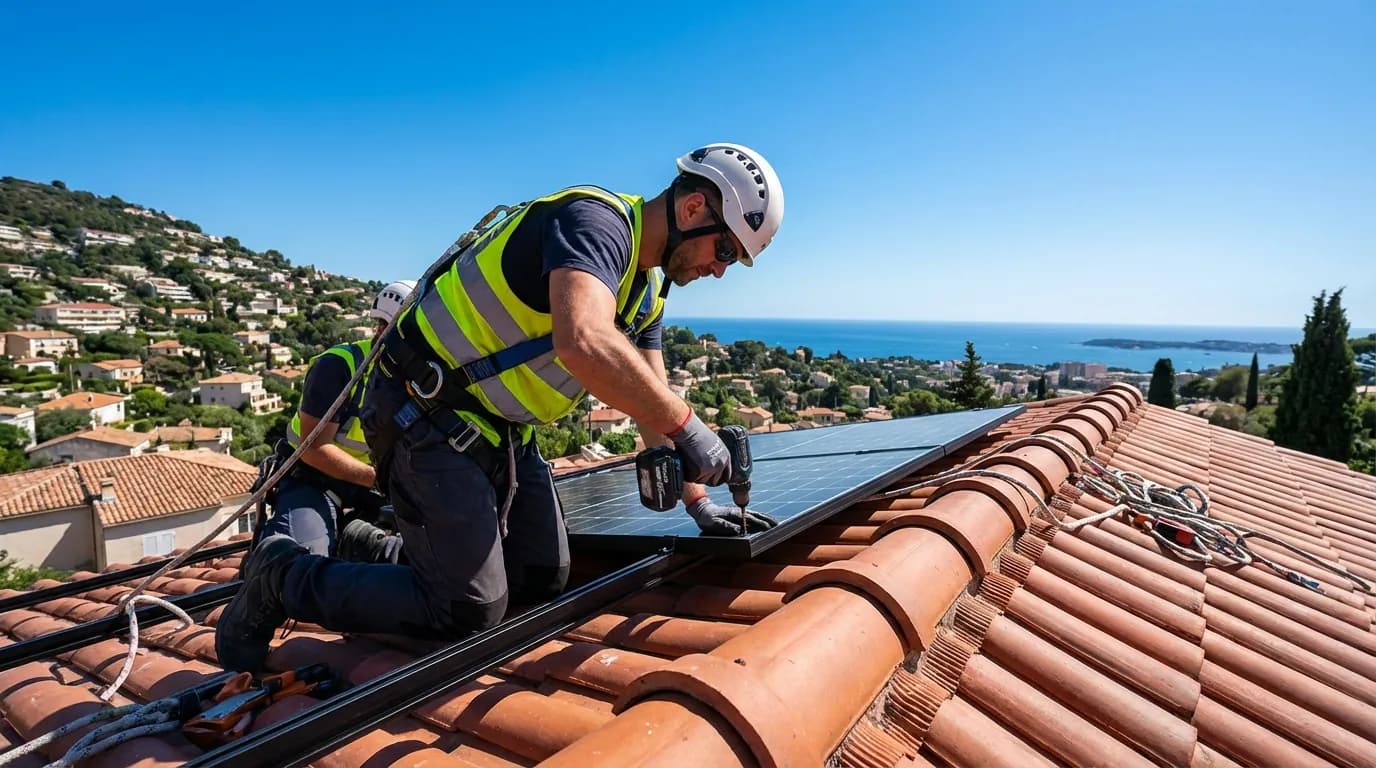 Technicien installant des panneaux solaires sur un toit au Cannet
