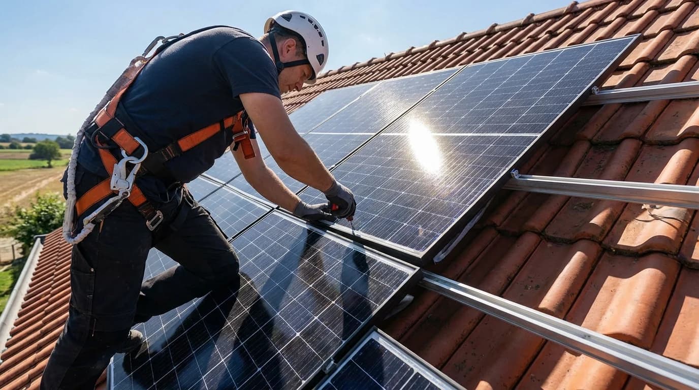 Technicien installant des panneaux solaires sur un toit à Limoges